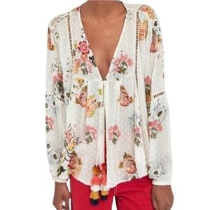 Zara Woman Floral Boho Style Needlepoint Tassel Tie Front Blouse Size Medium